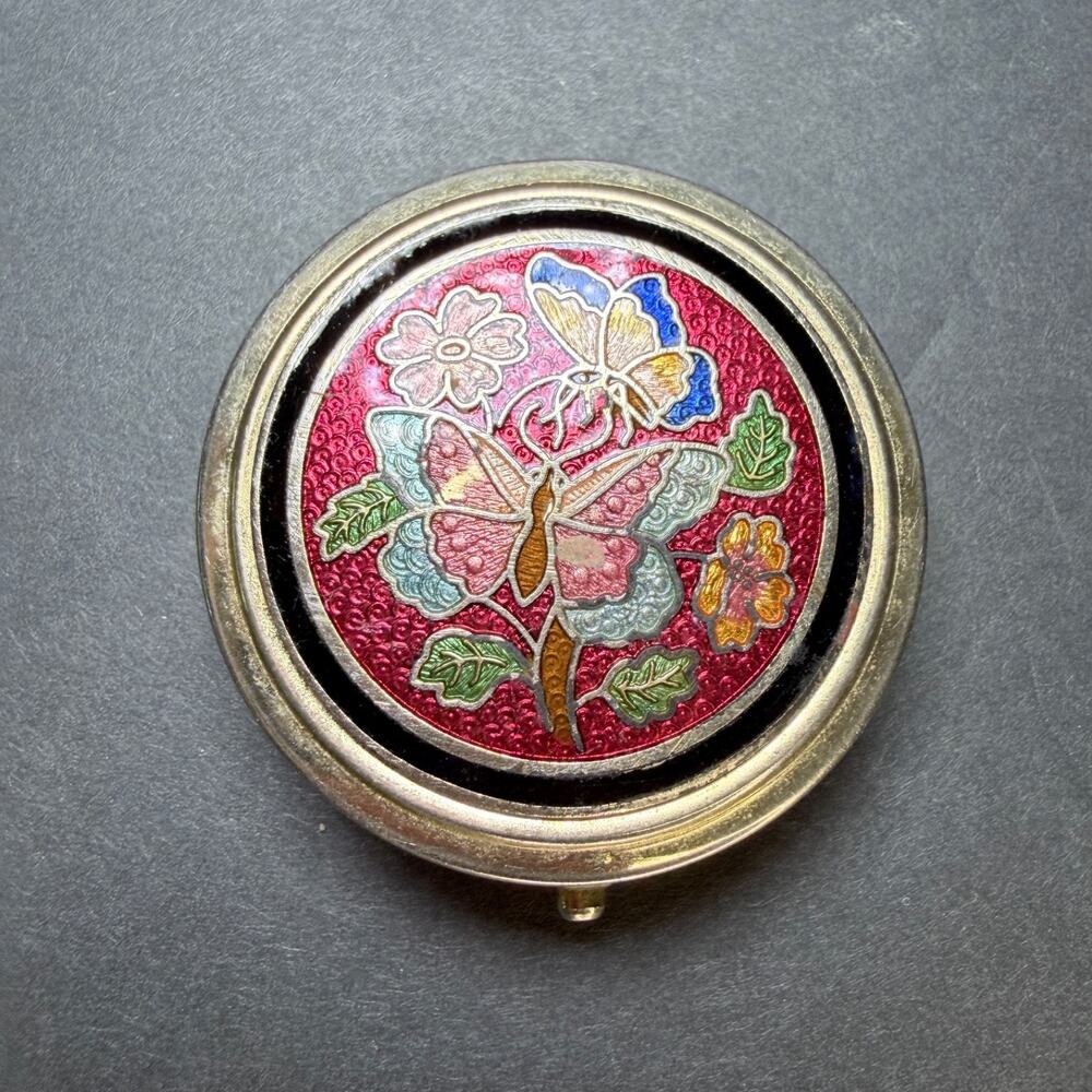 VTG Cloisonne Enamel Butterfly Pill Box 3 Compartment Round Gold Tone Pocket Cas